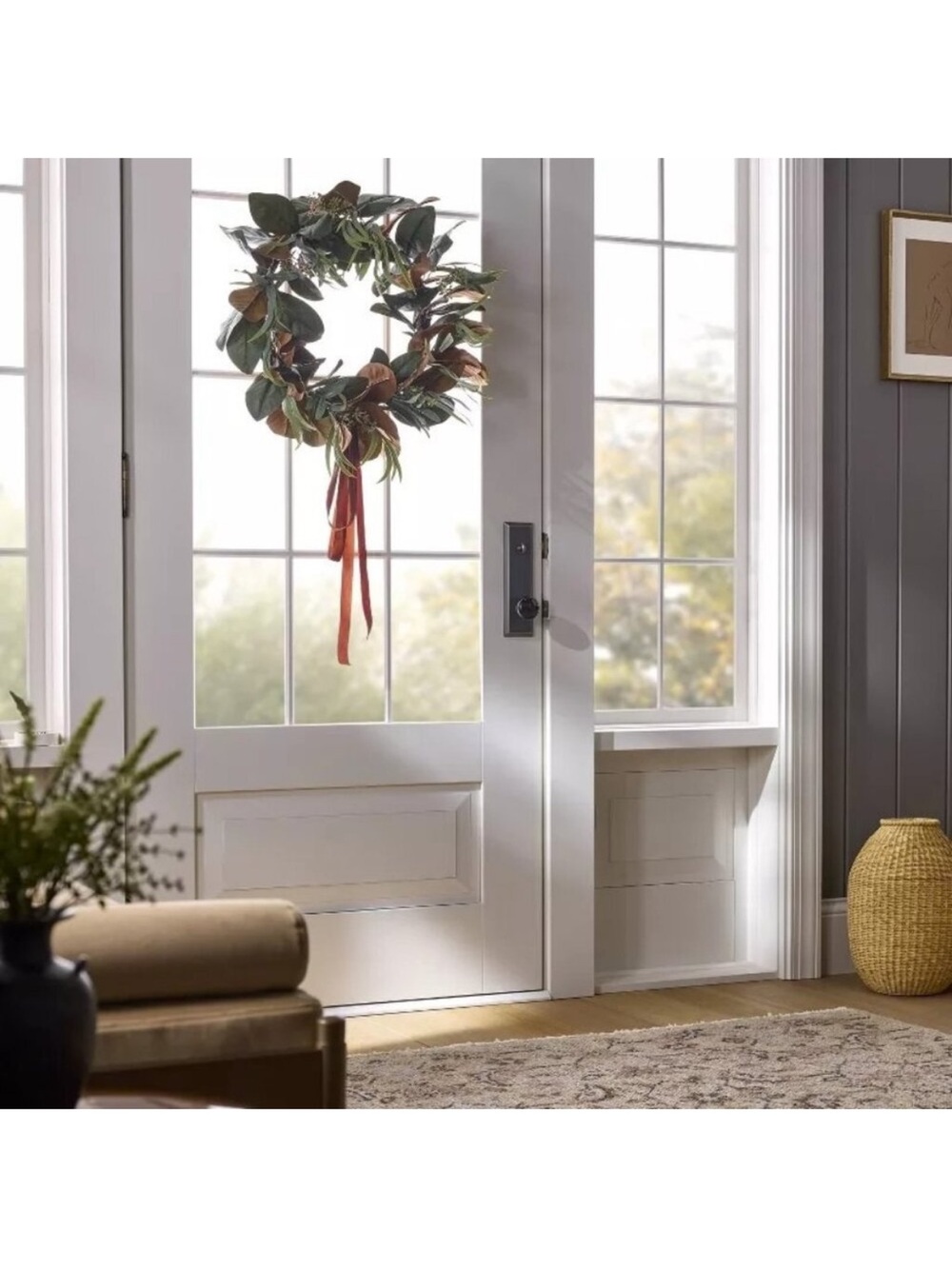Studio McGee 26” Dia Green and Brown Magnolia and Olive Wreath with velvet bow